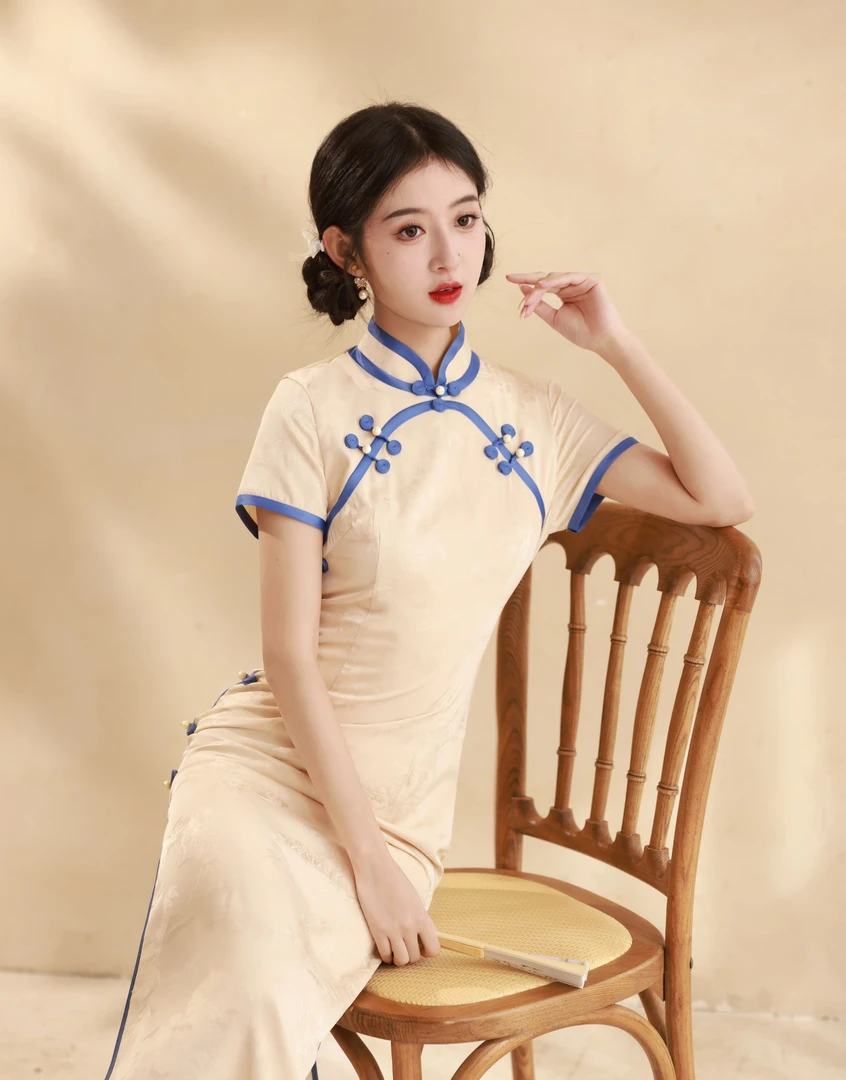 旗袍 长款 双层 （衣长约125cm）梦中人（白）C168