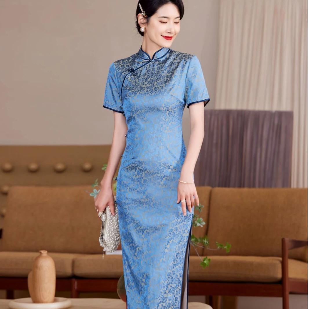 旗袍 长款 双层 （衣长约125cm）静待花开 蓝色C181