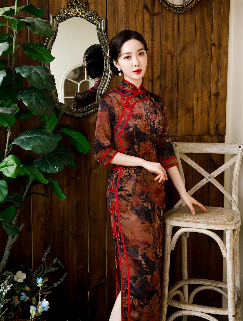 旗袍 长款 双层 七分袖 秋款（衣长约128cm）锦上添花（红）C268