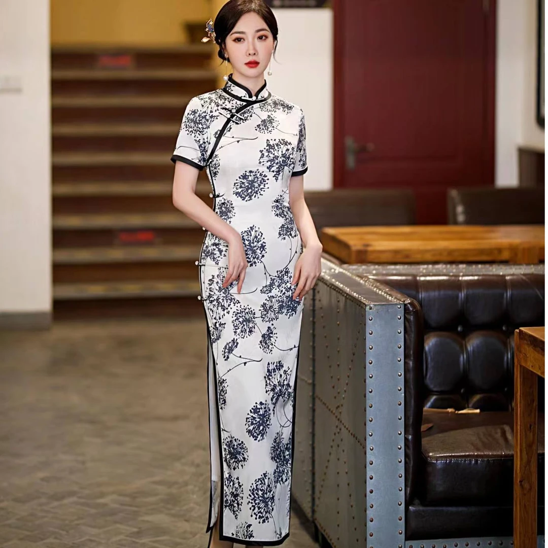 旗袍 长款 双层（衣长约128cm）月光如水  （黑）C229