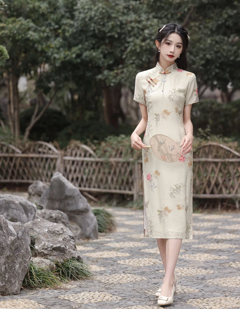 旗袍 中长款 双层（衣长约108cm）与花相惜359（偏绿）实物无挂件C108