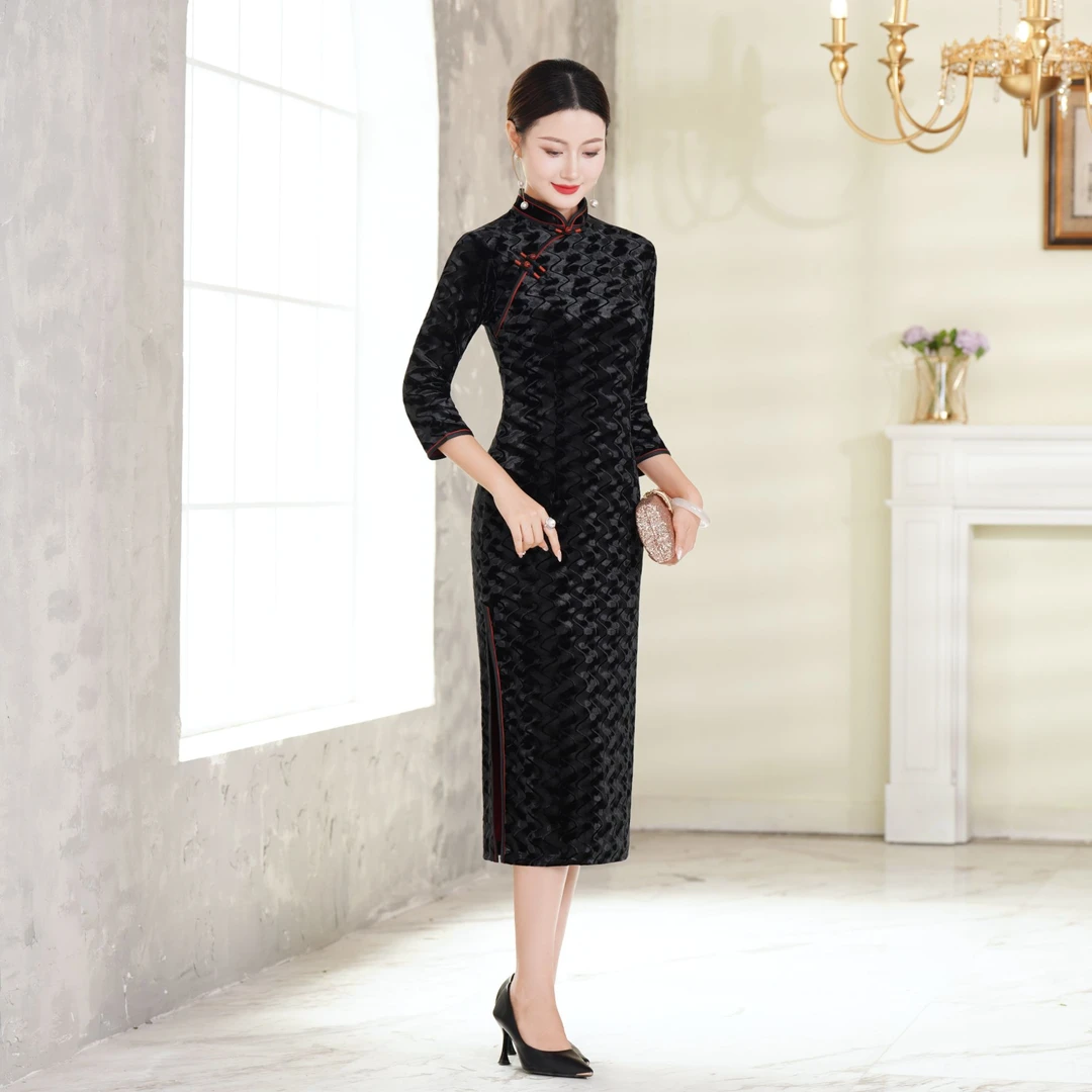 旗袍 长款  秋冬款（衣长约120cm）夜未央 C390