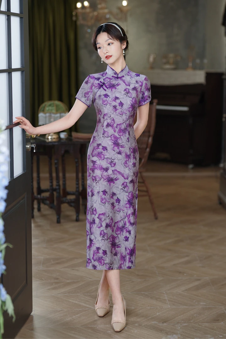旗袍 长款 短袖 单层（衣长约120cm）出水芙蓉   紫
