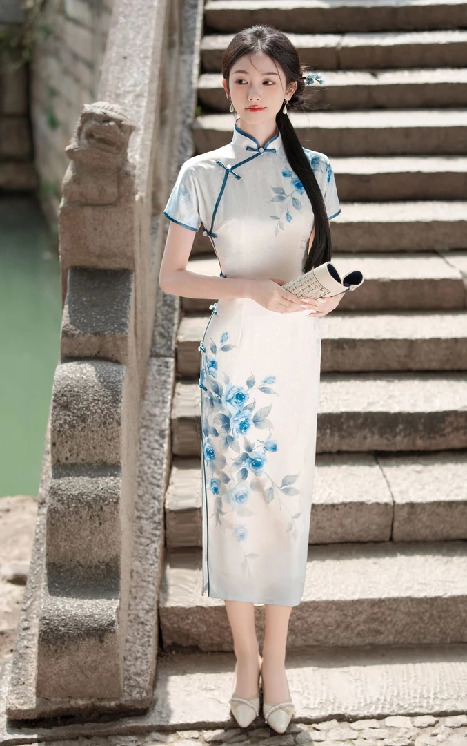 旗袍 长款 双层 定位花（衣长约120cm）烟雨（蓝花）C316