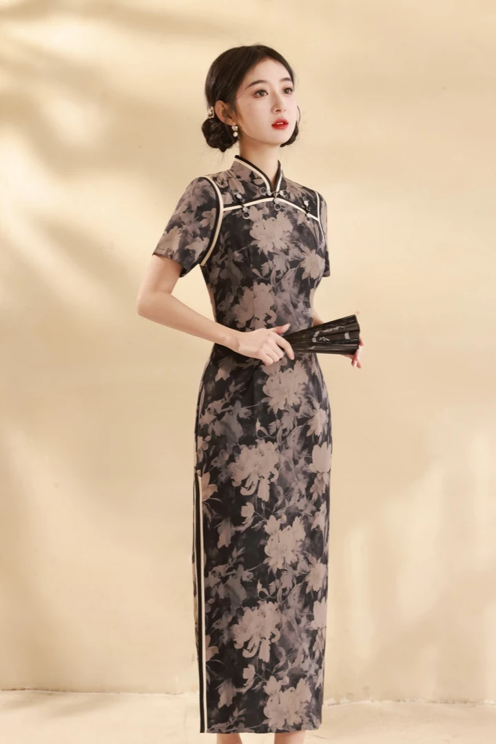 旗袍 长款  双层 短袖（衣长约125cm）妙笔生花C287