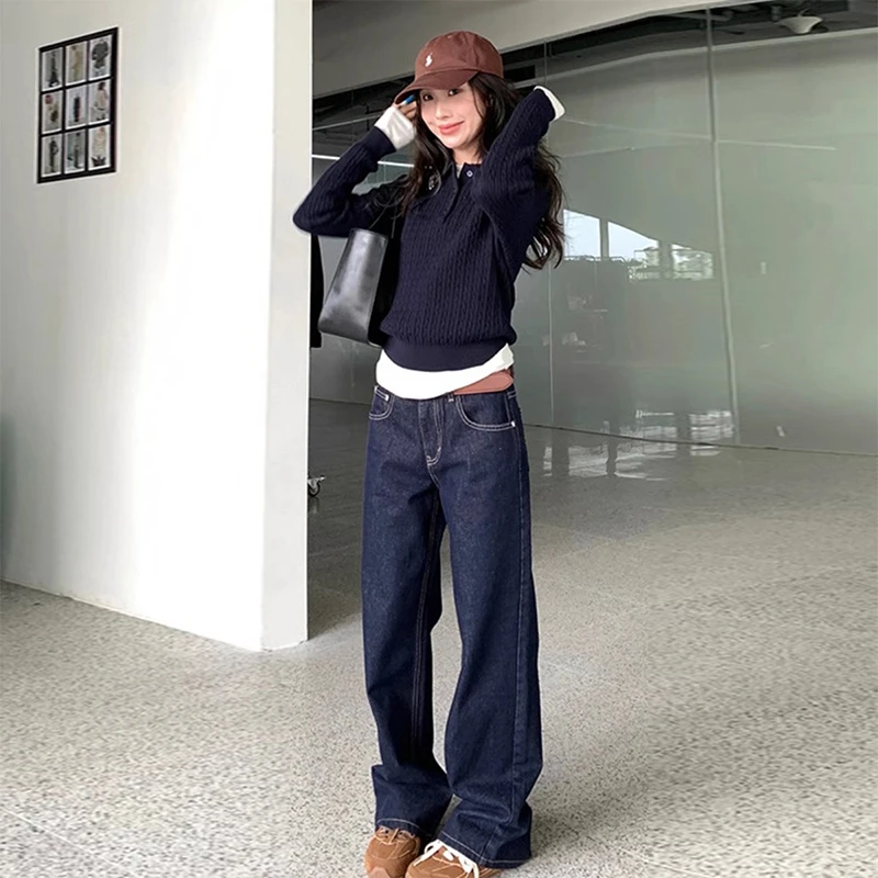 jennie同款美式深蓝直筒牛仔裤女春季新款高腰宽松显瘦阔腿裤子