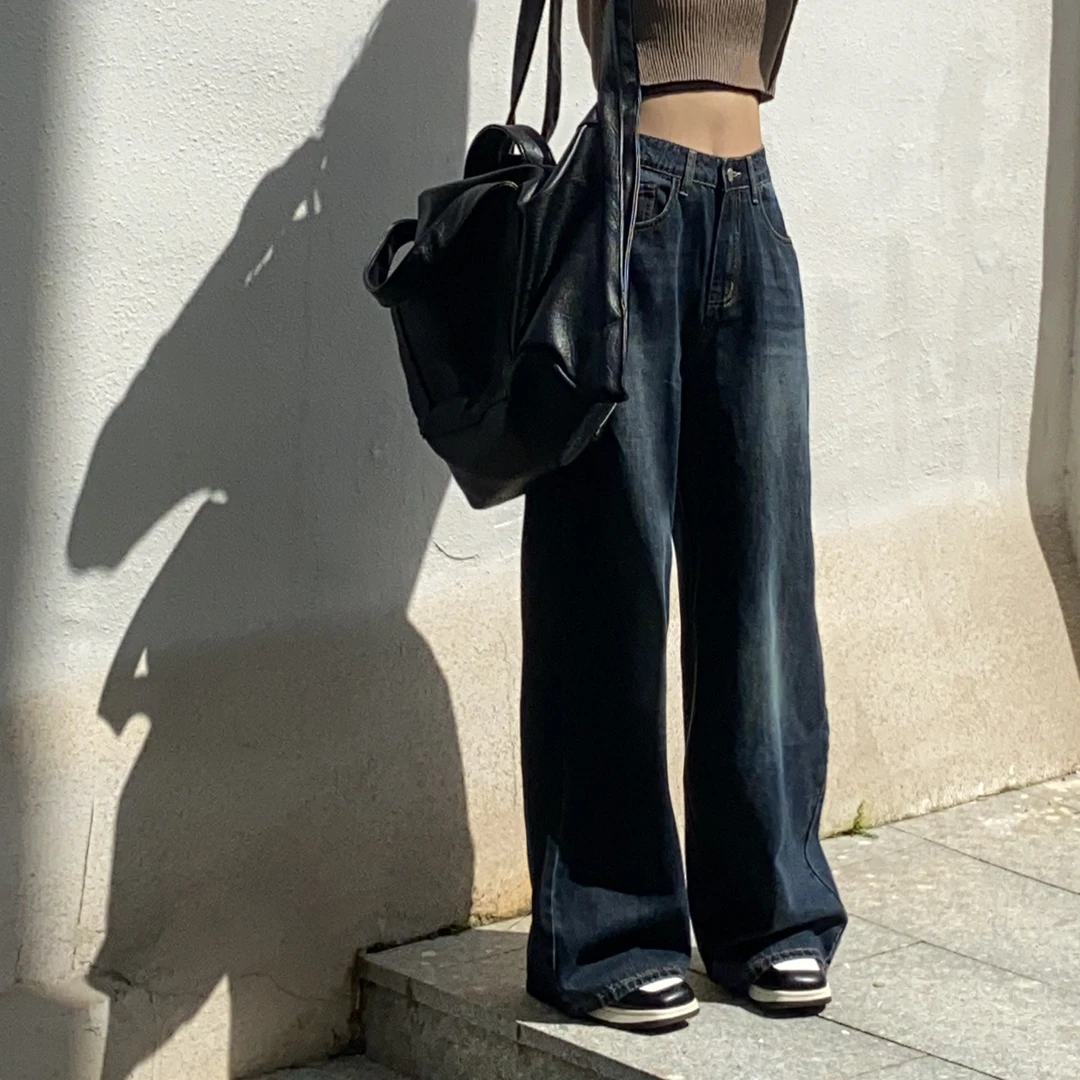 蓝色高腰直筒牛仔裤女春季新款宽松显瘦时尚百搭休闲阔腿拖地裤子
