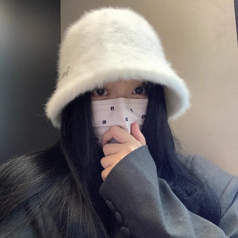 帽子女冬天渔夫帽2025新款秋冬季兔毛毛绒绒盆帽大头围白色水桶帽
