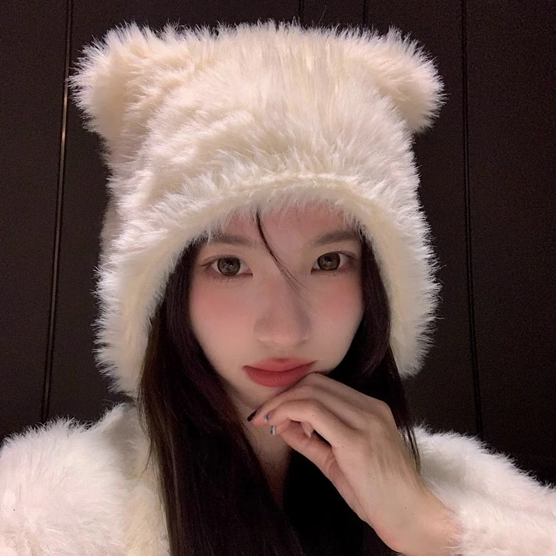 小熊耳朵毛绒冬天女秋冬新款可爱保暖毛线帽护耳雷锋帽针织帽冷帽