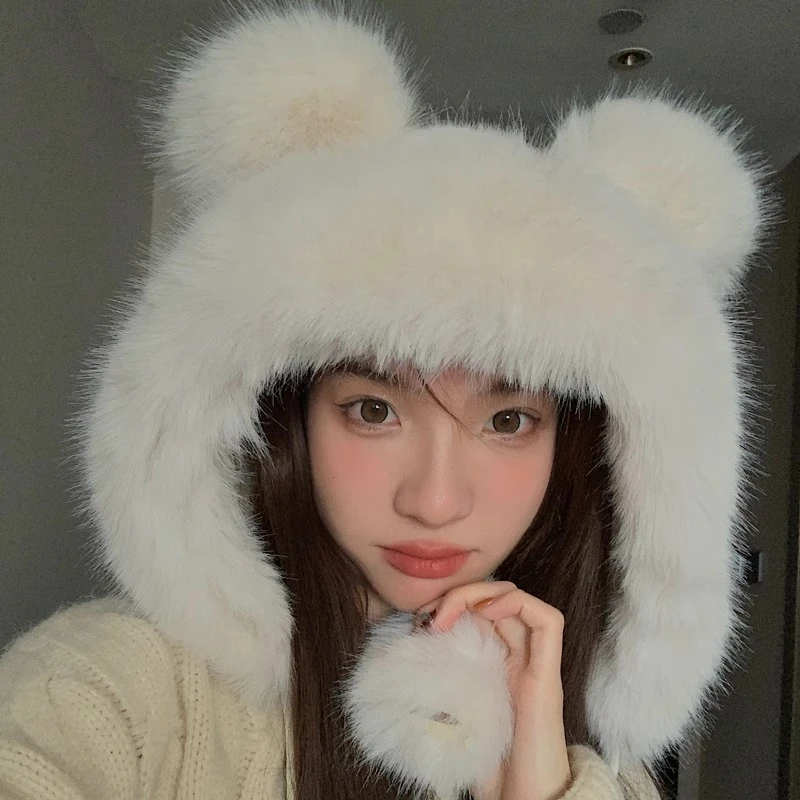 可爱小熊耳朵帽子女秋冬季韩版加厚保暖毛绒帽纯色防寒护耳雷锋帽