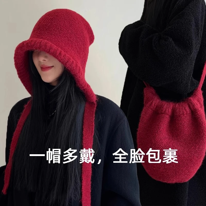 韩版可爱两用包复古风毛线帽子女绑带大头围保暖护耳针织帽时尚潮