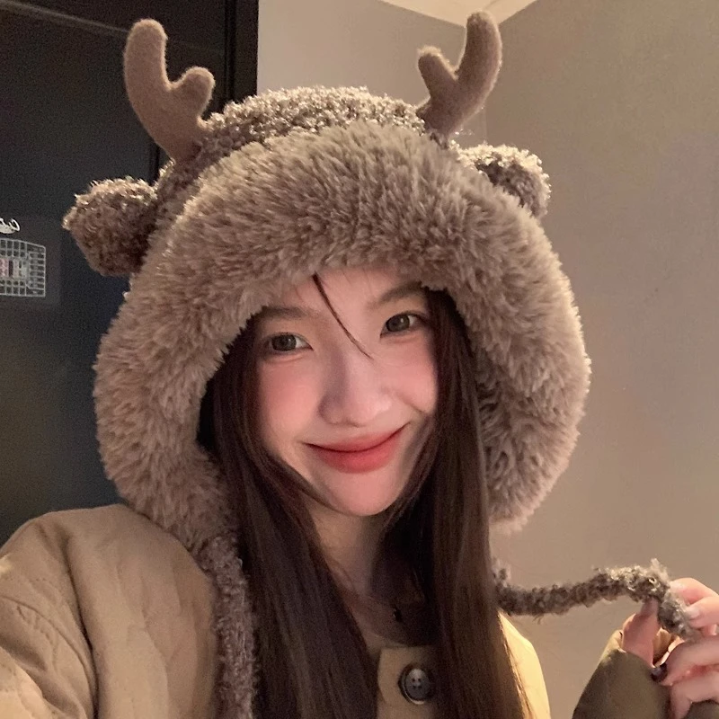 冬季毛绒针织帽子女可爱鹿角防风保暖帽时尚韩版加绒套头帽护耳潮