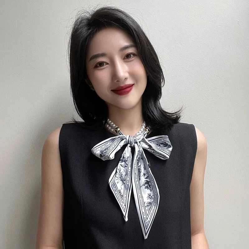 法式复古春夏珍珠项链丝巾女锁骨链丝带韩版装饰绑发带小领巾飘带
