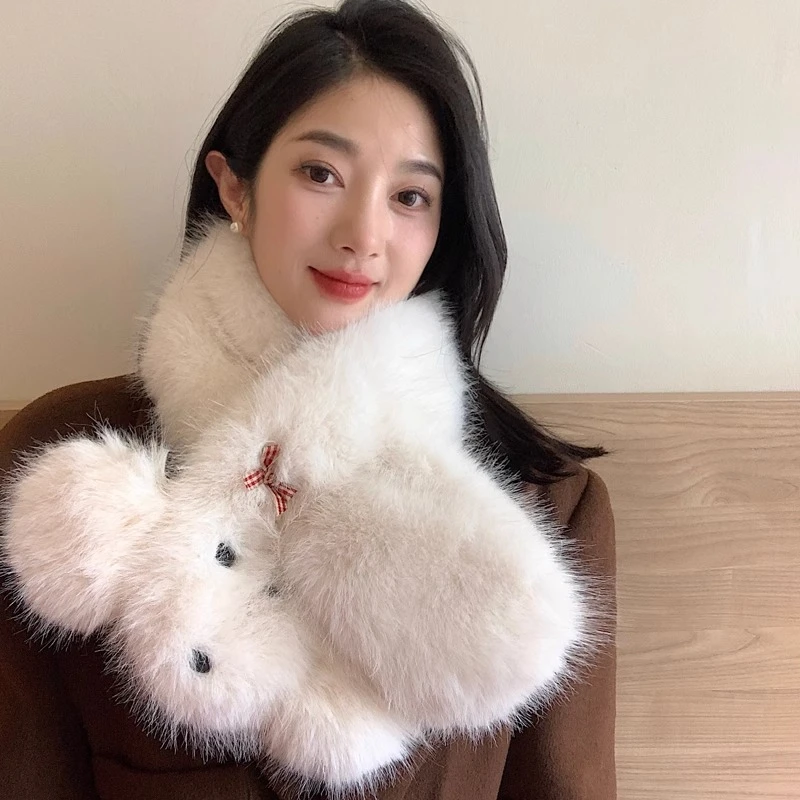 毛茸茸可爱小狗蝴蝶结交叉围巾女冬季加厚保暖学生百搭毛领围脖潮