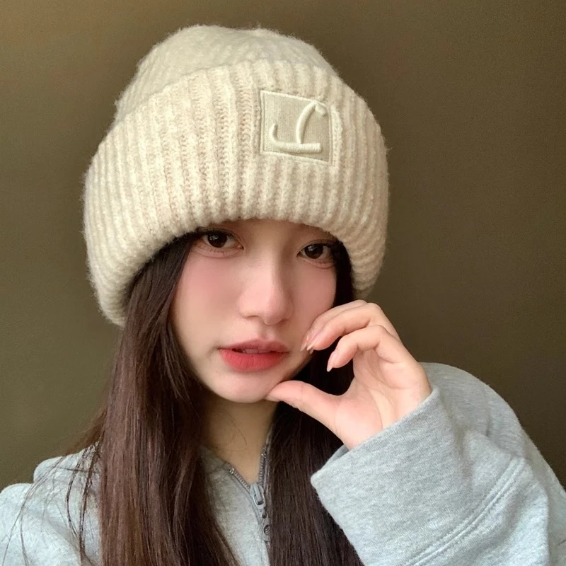 纯色大头围粗毛线帽子女秋冬季宽松保暖堆堆冷帽显脸小针织护耳帽