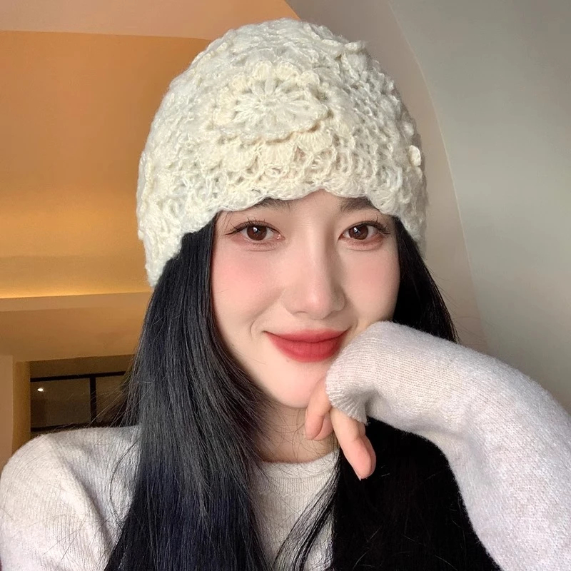 秋冬新款帽子女手工钩花包头帽柔软百搭保暖套头帽针织冷帽毛线帽