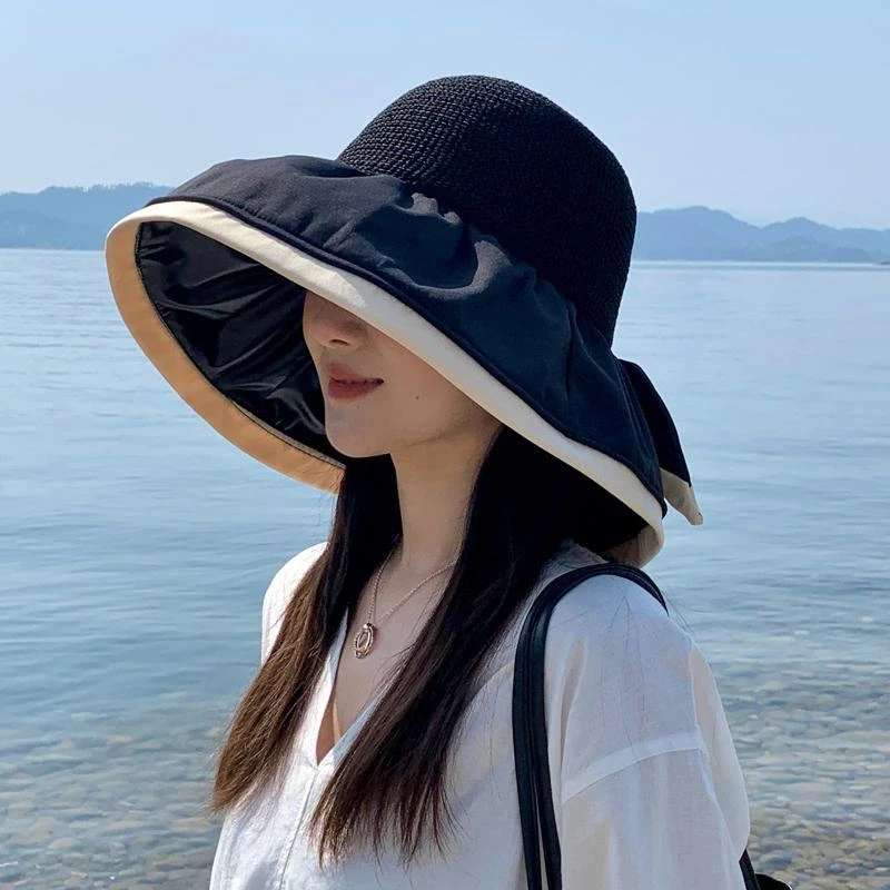 夏季黑胶渔夫帽女蝴蝶结防紫外线大檐遮脸防晒太阳帽防晒帽可折叠