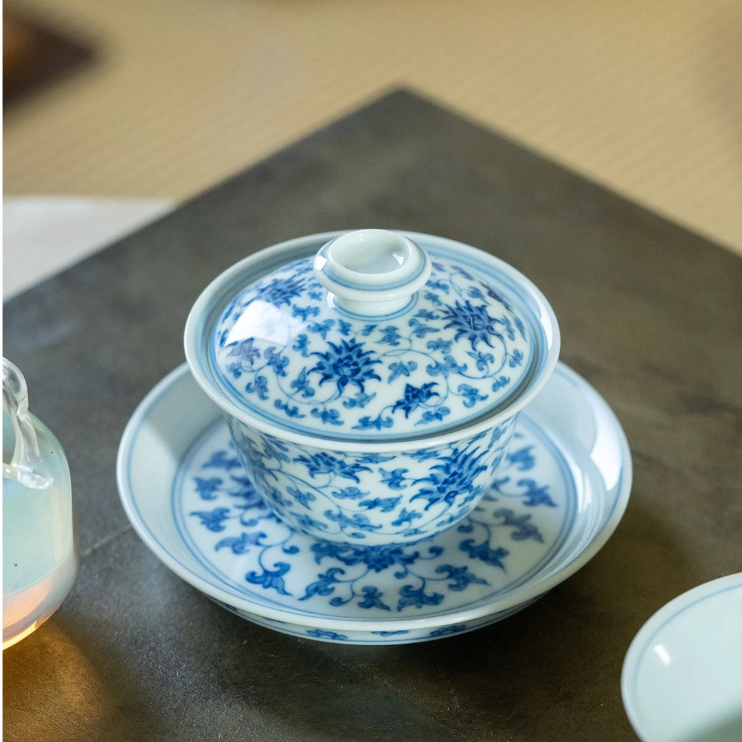 五里雾中式青花缠枝莲盖碗陶瓷茶具防烫泡茶器150ml