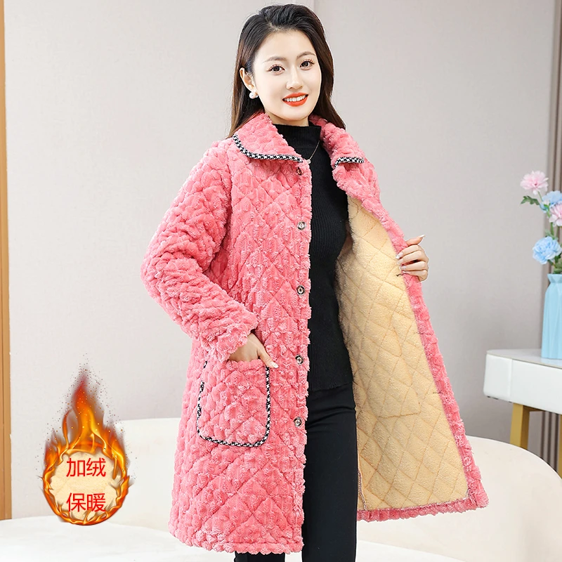 冬季加绒加厚翻领中长款女士棉服外套保暖棉衣罩衣中长款宽松显瘦