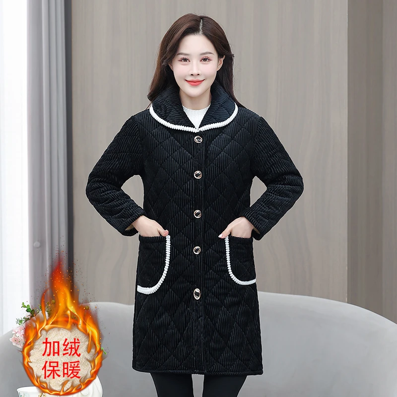 中长款翻领加绒保暖棉衣女士纯色家居服工作服罩衣冬季外套加厚