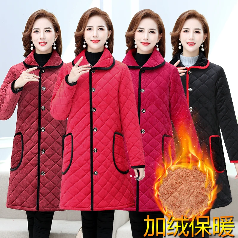 冬季加绒加厚棉衣纯色保暖家居服罩衣翻领妈妈装中长款棉服