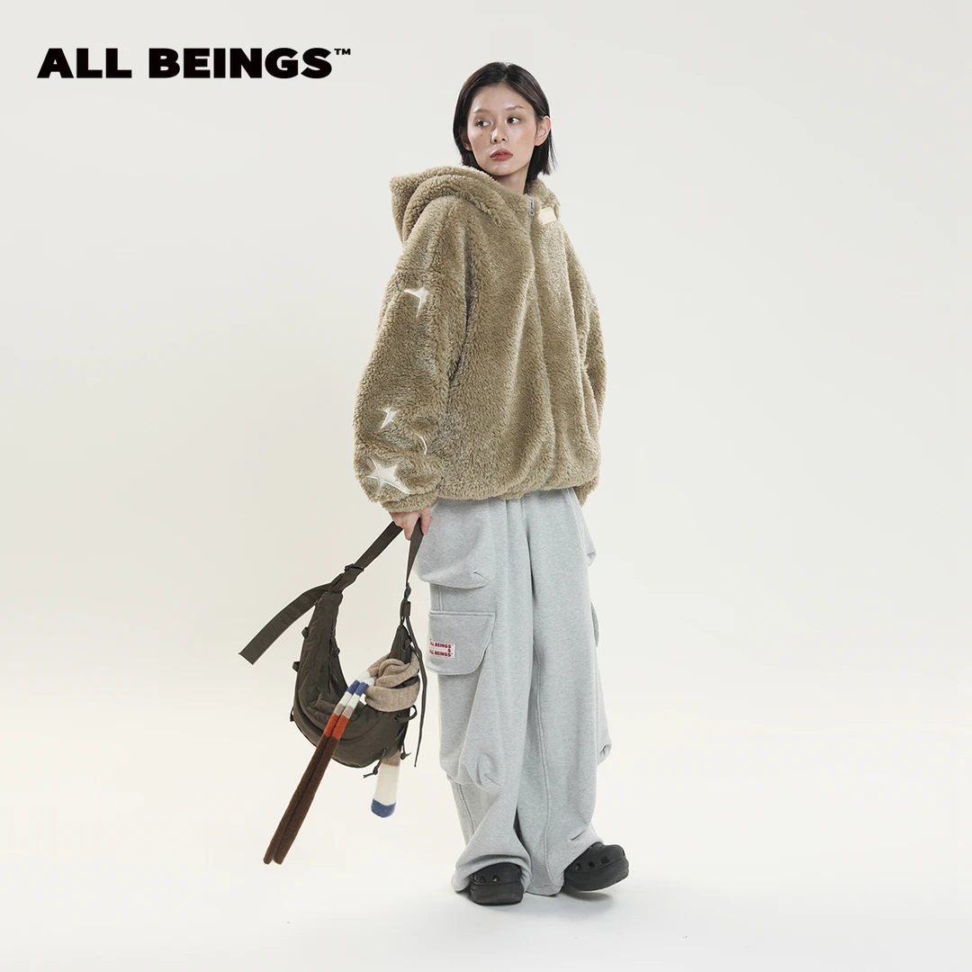 ALL BEINGS浅绿色仿羊羔毛大廓形五星外套宽松型厚款短款外套女