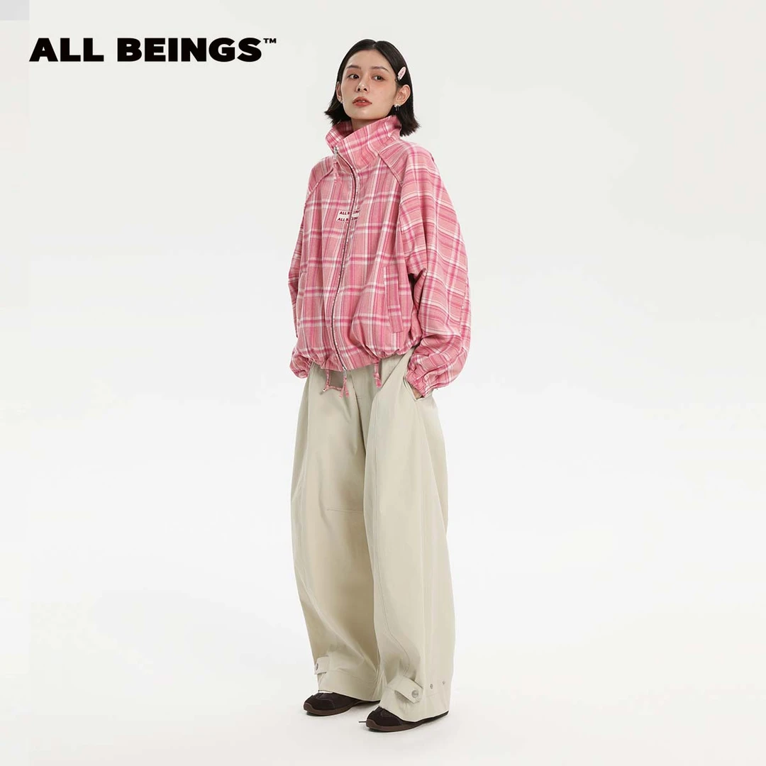 ALL BEINGS【应季折扣】设计师款粉红格纹气球感立领百搭气质款夹克