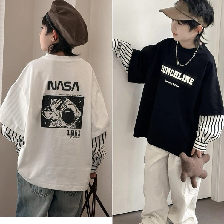 FL2潮流韩版童装2024春儿童潮酷拼接假两件卫衣中大童套头长袖T恤