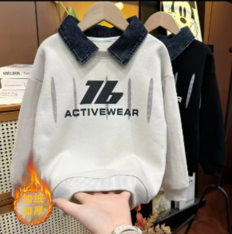 LQ牛仔POLO领卫衣上新秋冬季男女童加绒卫衣百搭洋气