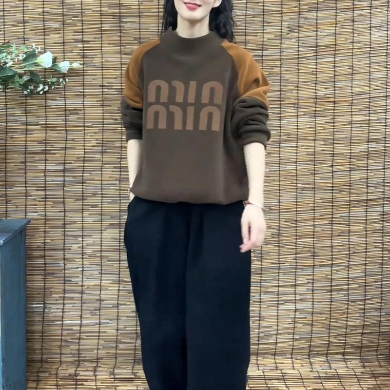 2842秋冬新款半高领加绒加厚宽松休闲百搭双面绒上衣卫衣女