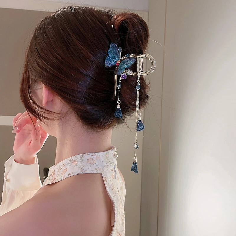 发夹后脑勺复古盘发蝴蝶抓夹女流苏古风高级感高端鲨蝴蝶夹子气质