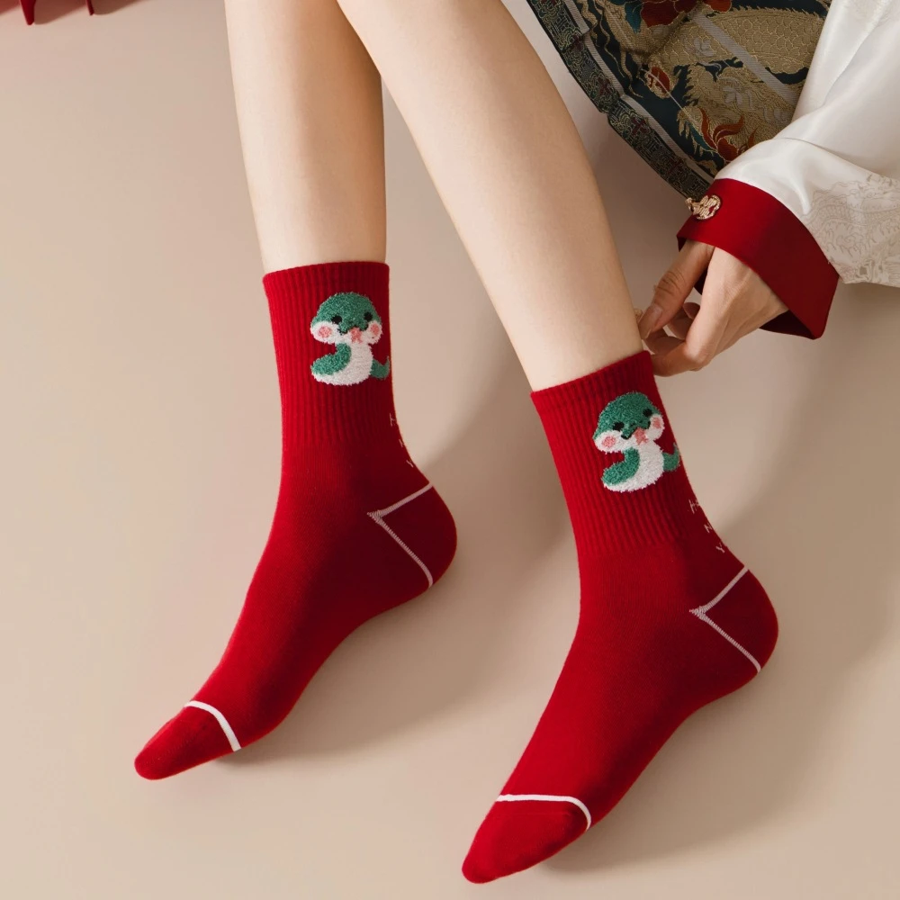 百搭女袜潮流发财红袜蛇年本命年秋冬中筒袜子红袜子棉袜可爱防臭