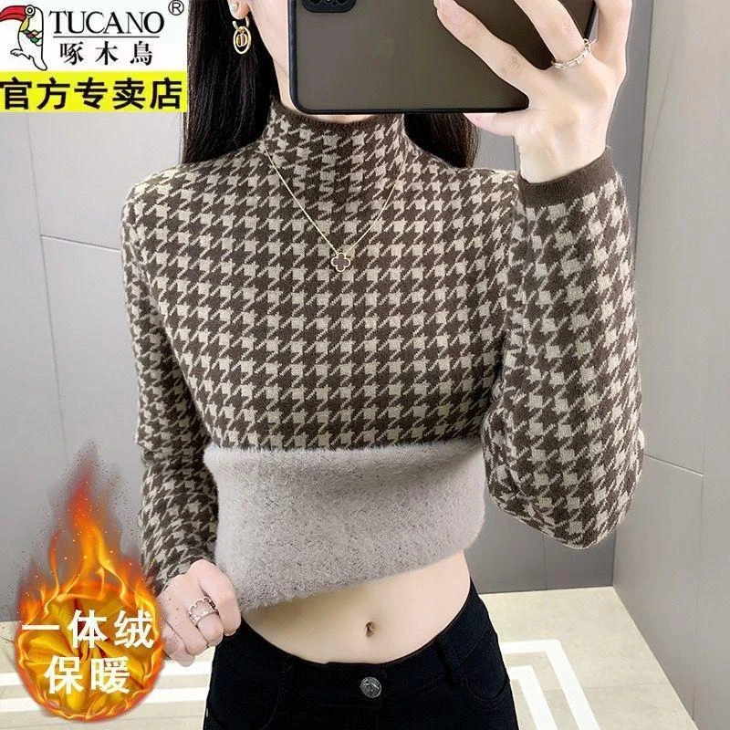 啄木鸟一体绒毛衣女羊毛衫弹力打底衫女千鸟格加绒加厚保暖女上衣