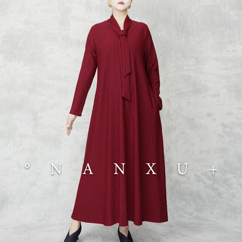 南絮137/8【双面琉璃】前后两穿红色围巾领宽松连衣裙大码女装气质