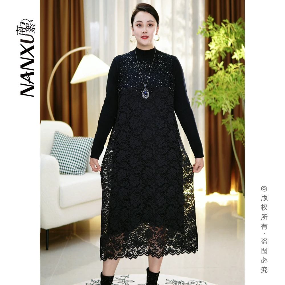 南絮084亮钻蕾丝边黑色女装黑毛衣裙半高领打底针织秋冬时尚修身
