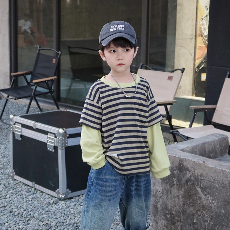秋季童装儿童假两件卫衣条纹长袖男宝女宝休闲上衣中小童SK150潮.