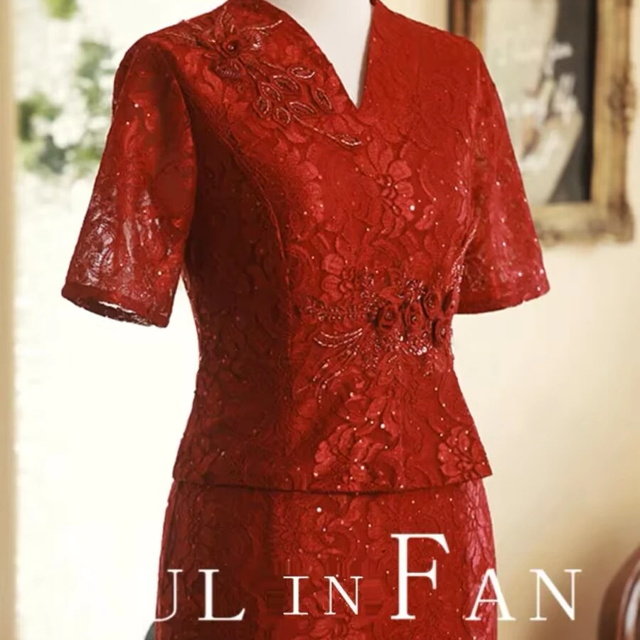 红色蕾丝款复古高端新款中国风旗袍短款中式显瘦气质喜妈妈装