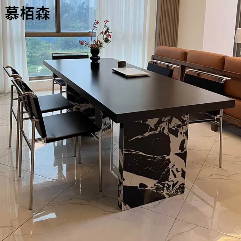 意式纯黑下挂岩板餐桌椅组合包豪斯风大户型简约现代长方形茶书桌