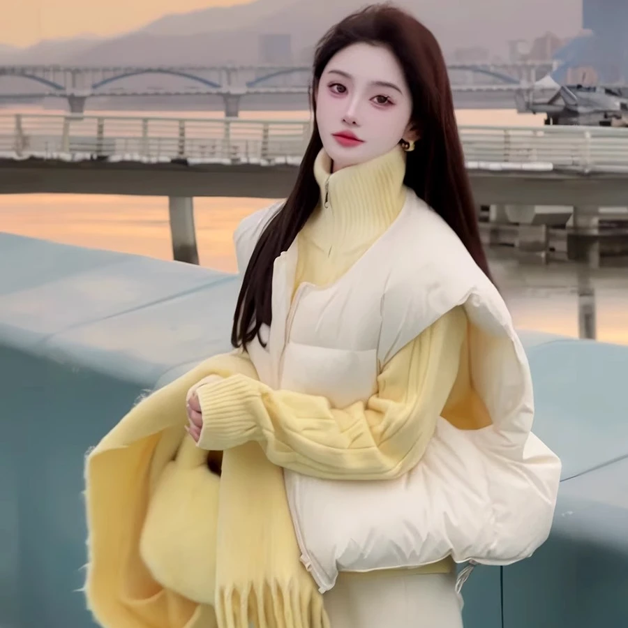 韩系棉服马甲外套女冬新款洋气简约时尚外穿保暖马夹针织衫套装