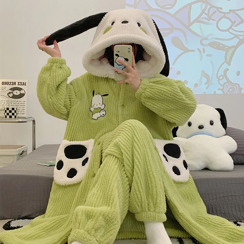 睡衣女秋冬季2024新款珊瑚绒加绒加厚法兰绒睡袍套装高级感家居服