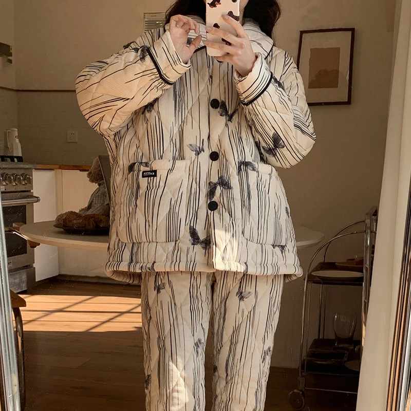 珊瑚绒睡袍女冬加厚加绒2024新款法兰绒家居服三层夹棉睡衣两件套