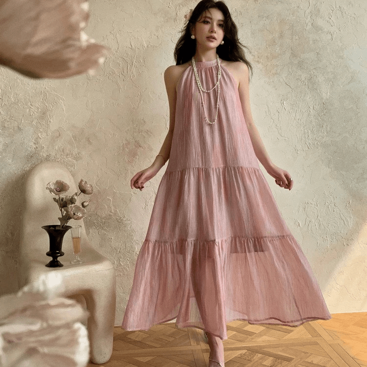 无袖百搭2024夏季法式设计感小众粉色公主裙森系长裙气质显瘦裙子