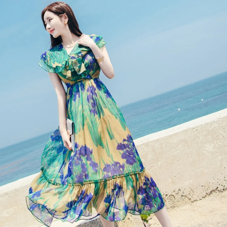 女装2024新款夏时尚气质波西米亚大摆雪纺连衣裙海边度假长裙5065