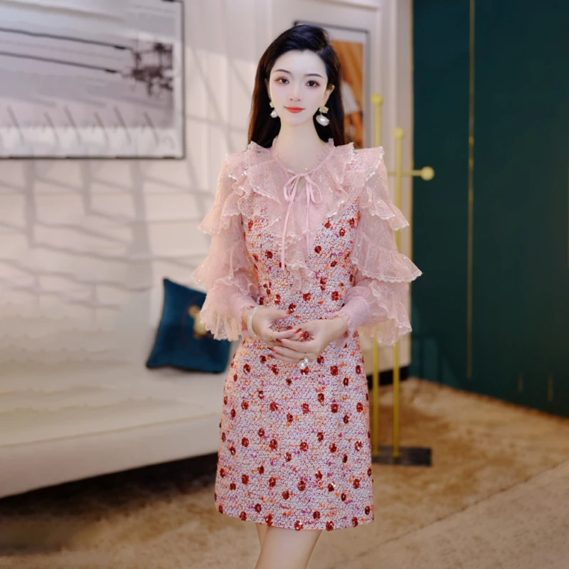 2025春秋新款时尚气质修身蕾丝印花名媛小香风内搭长袖连衣裙1753