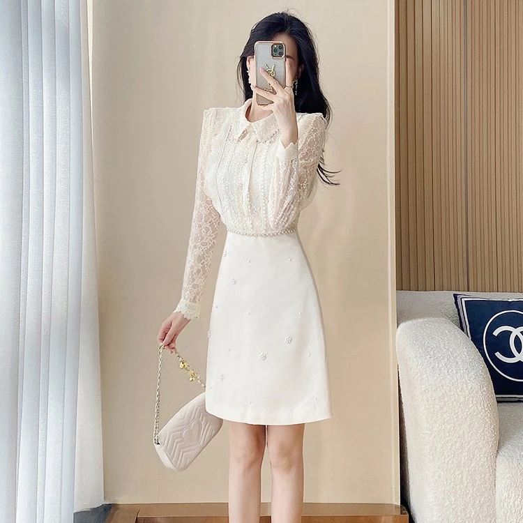 2024秋季新款米杏时尚法式优雅长袖气质轻奢显瘦小香风连衣裙1368