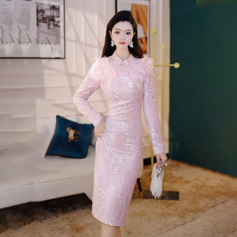 2025春秋旗袍领年轻款高端丝绒亮片中长款长袖包臀修身连衣裙1771