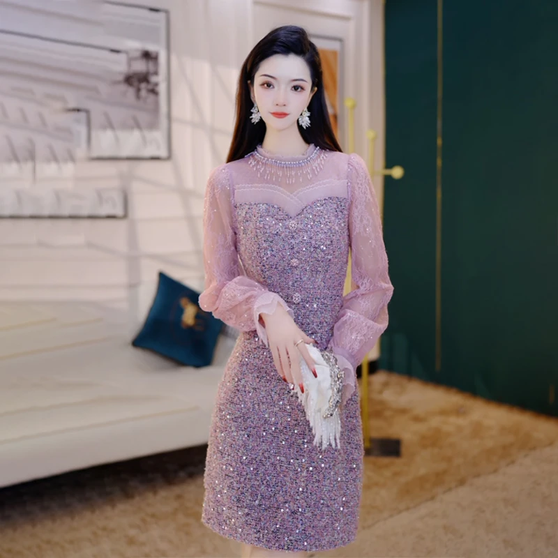 【万紫千红】2025春秋新款女装高级感小香风钉珠打底长袖连衣裙1751