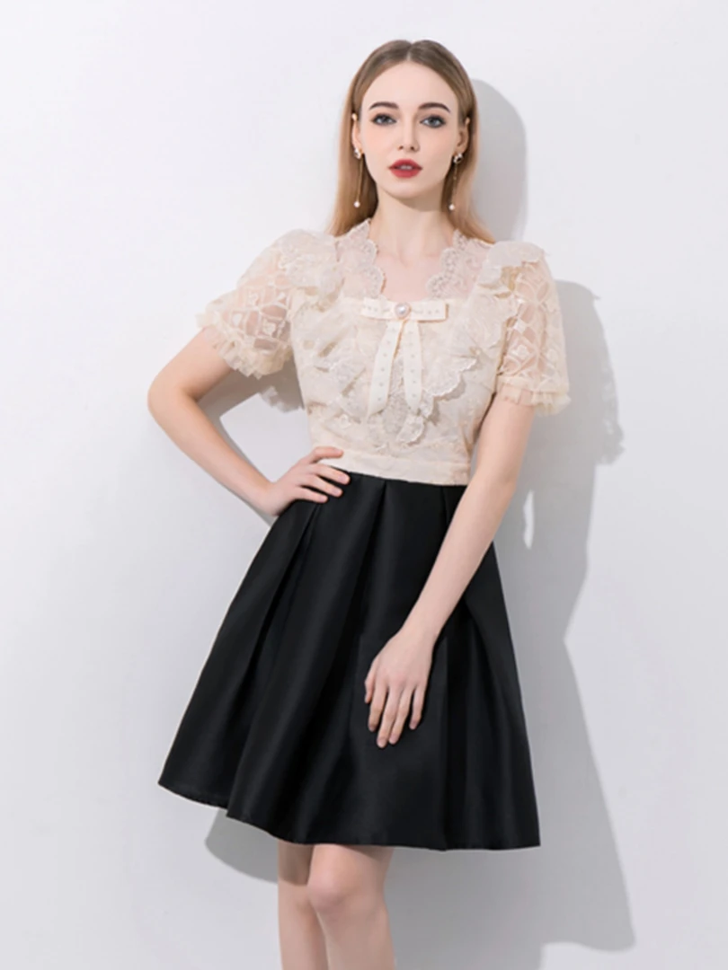 夏季新款女装2025时尚气质收腰显瘦名媛短袖拼接假两件连衣裙1550