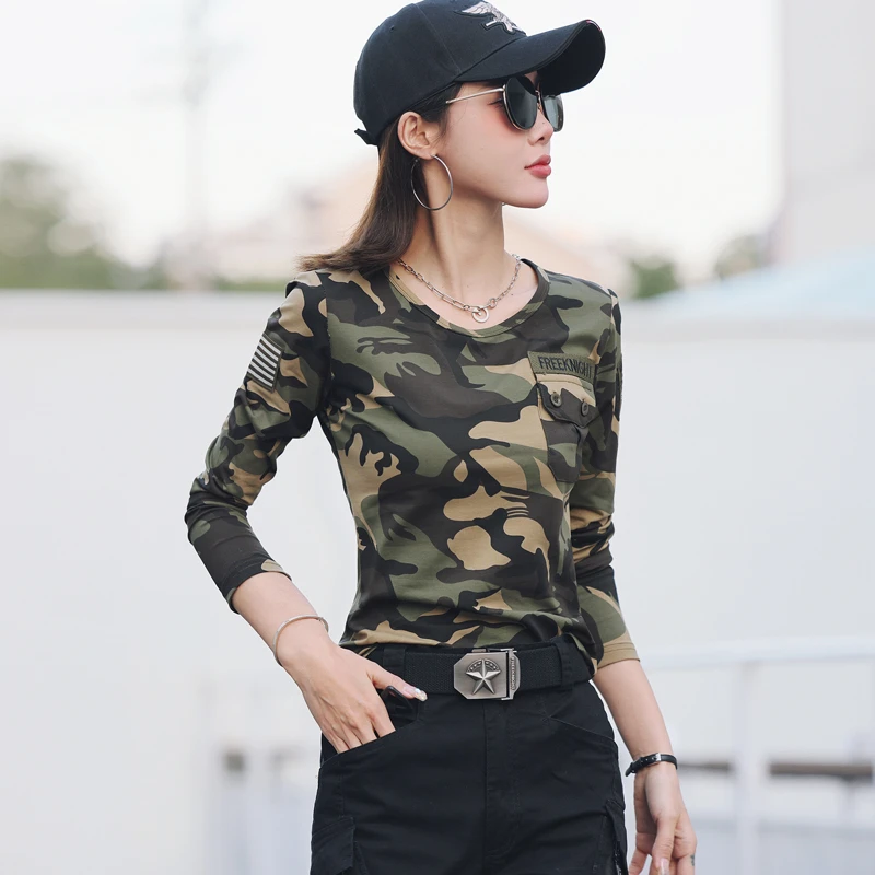 军绿色t恤女长袖宽松新款潮春夏装时尚弹力显瘦水兵舞休闲圆领