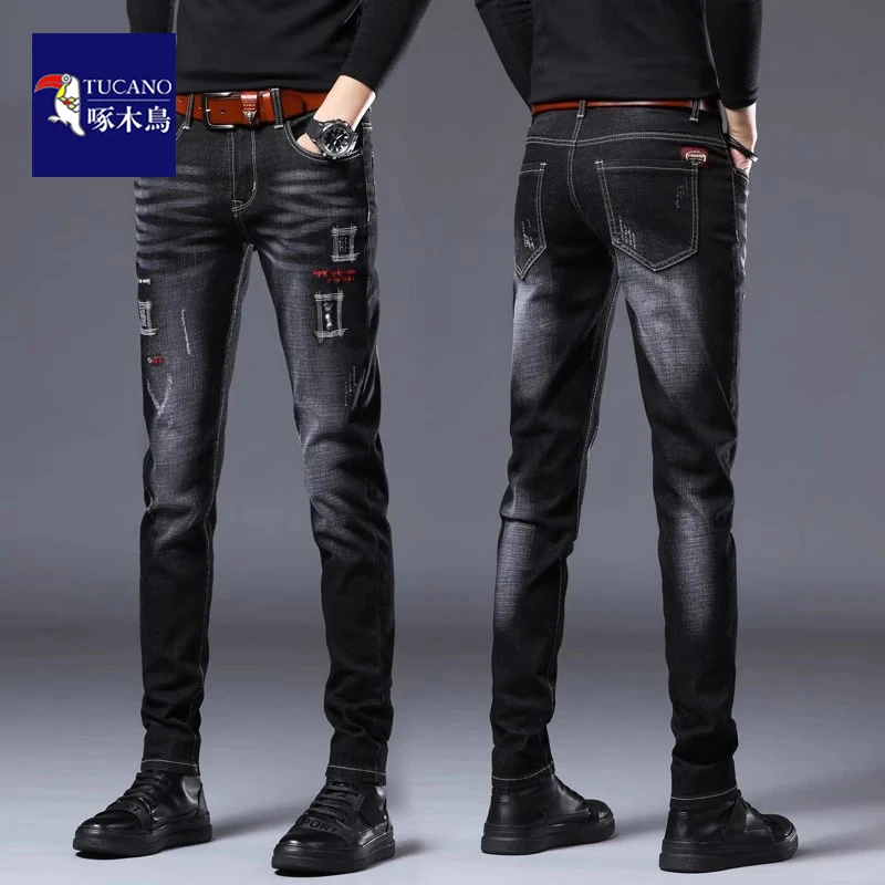 啄木鸟春季黑色百搭牛仔裤男士潮牌弹力修身小脚显高休闲长裤子男